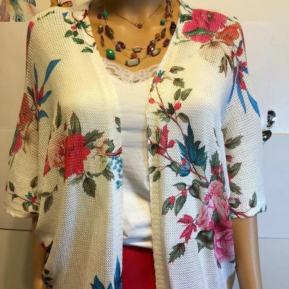 NWT Luisa Ricci made in Italy Boho Floral Print Knit Open Kimono cardigan Lady S - Picture 3 of 6